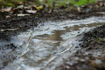 Fototapeta premium Tranquil reflection on a muddy path after rainfall, nature's beauty