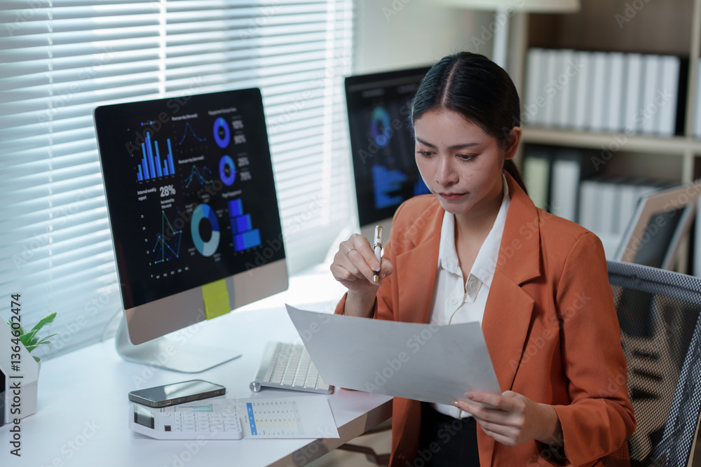 Poster businesswoman is reviewing financial reports and analyzing data on computer screens, demonstrating a