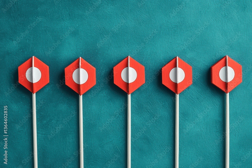 Poster overhead view of five red hexagon arrow markers on sticks over turquoise textured background