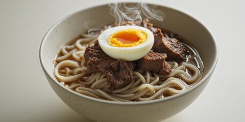 Delicious Bowl of Noodles Topped with Savory Meat and Boiled Egg Delight
