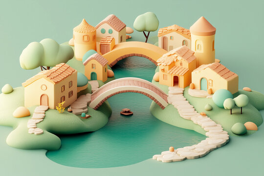 A stylized 3D river town with pastel houses, bridges, and lush greenery winding through a tranquil landscape. A whimsical diorama evoking serenity, community, and storybook exploration.
