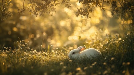 Obraz premium A serene image of a white rabbit nestled in the grass, with a soft, natural background 