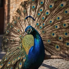 Naklejka premium Peacock Strutting in a Sunlit Courtyard.