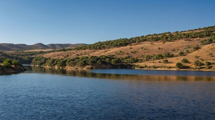 Serene river view with lush greenery and rolling hills under a clear blue sky.