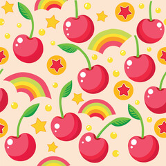 Red cherry radian with rainbow golden ball and red star in golden ball , cream color background. Vector Seamless pattern.