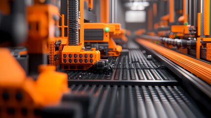 A close-up view of an industrial workspace featuring orange machinery and equipment, depicting a modern manufacturing environment.