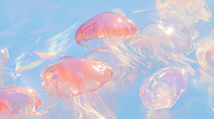 A serene underwater scene featuring delicate, pink jellyfish floating against a shimmering blue background.