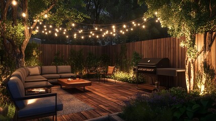 Obraz premium A cozy backyard patio with string lights, barbecue grill, and comfortable seating pic