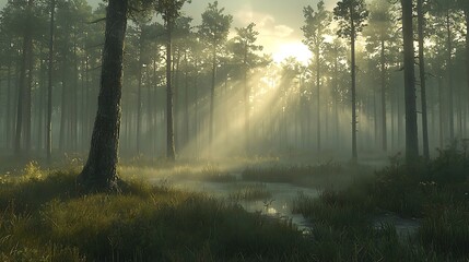 Misty Forest Sunrise Nature Scene