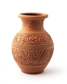 Ornate terracotta vase with intricate carvings