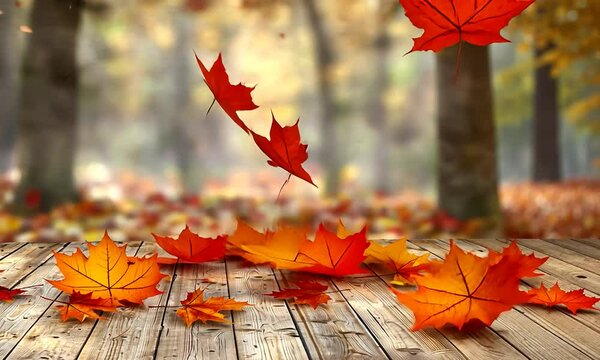Vibrant autumn leaves falling gracefully over a wooden deck in a serene forest setting