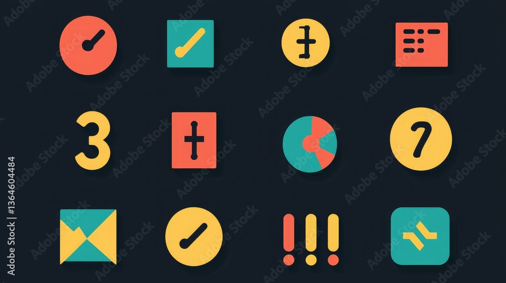 Poster a set of numbers-related icons for financial tools, including symbols for percentage, division, and 
