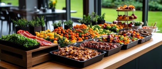 Extensive buffet table featu freshly prepared meats, vibrant vegetables, and diverse dishes elegantly arranged in black rectangular trays for events cate