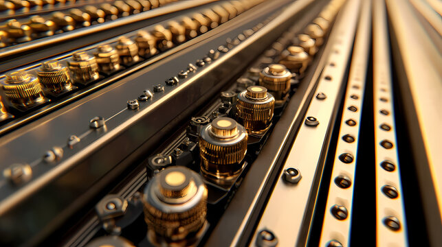 A close-up view of metallic components arranged in parallel, showcasing intricate details and a polished finish, emphasizing industrial design.