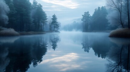 Fototapeta premium Fog covering lake and forest at dawn