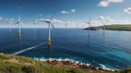 A panoramic view of offshore wind turbines creating renewable energy along a scenic coastline.