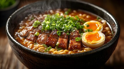 Appetizing Bowl of Ramen Noodles Topped with Grilled Pork and Soft Boiled Eggs