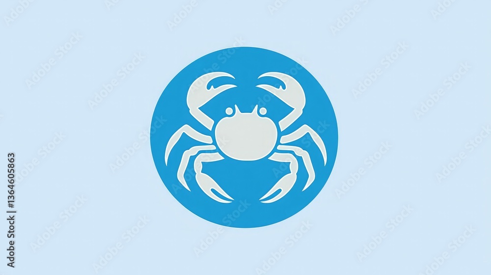 Poster A simple and modern crab icon with clean lines on a blue circular background. 