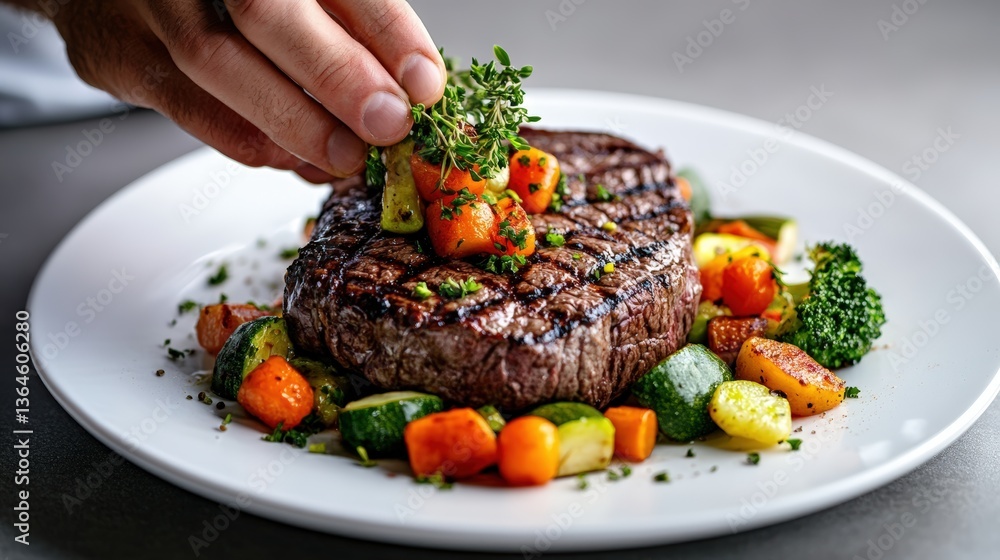 Poster close-up view of a chef's skilled hands adding fresh thyme to a grilled steak plated with colorful r