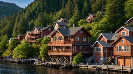 Obraz premium Charming waterfront homes nestled among lush greenery in a serene mountain setting.