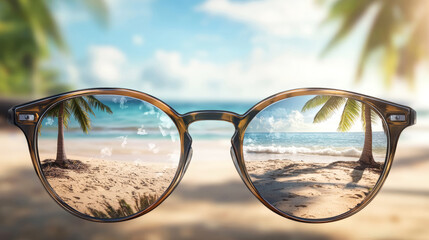 Reflecting tropical paradise through stylish glasses in a serene coastal setting