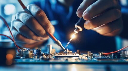 A person wiring a circuit board, visible components and soldering tools, clean workspace background