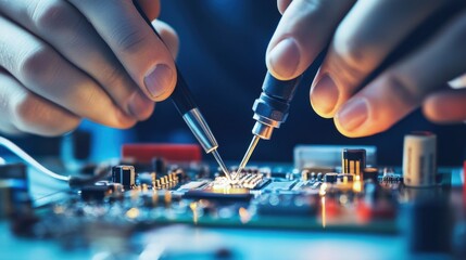 A person wiring a circuit board, visible components and soldering tools, clean workspace background