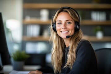 Freundliche Mitarbeiterin im Kundenservice mit Headset im Büro