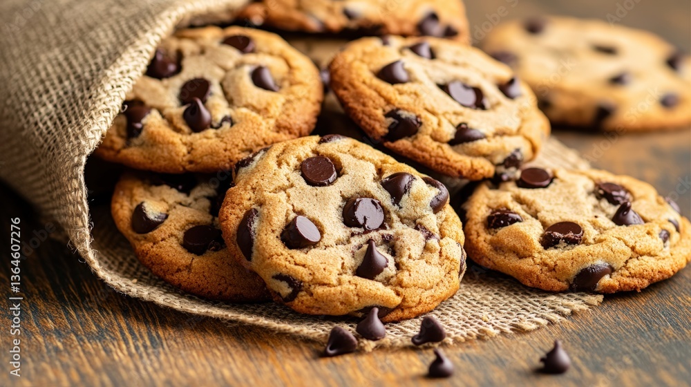 Poster a burlap sack spills over with a delightful pile of gooey chocolate chip cookies resting on a rustic