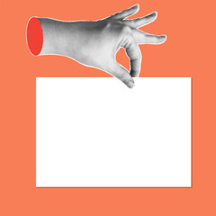 Trendy halftone banner with hand holding empty sheet of paper. Place for your text. Modern retro style.Contemporary collage for design template. Vector illustration