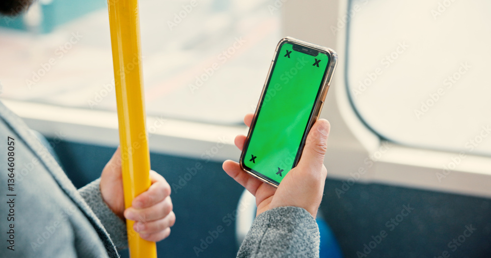 Poster Hand, smartphone and green screen in bus, app and user experience with tracking markers on commute. Person, phone and ui display with travel, mock up space and contact on public transportation