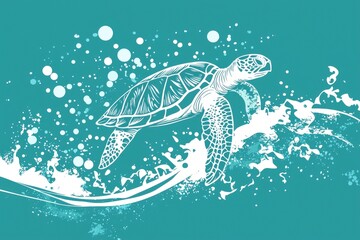 Sea turtle with doodled bubbles and splashing waves - ocean conservation design for posters