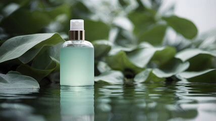 Glass bottle for cosmetic or perfume products on water surface behind young leaves spring