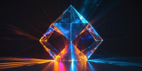 A prismatic geometric shape is displayed with colorful lighting effects.