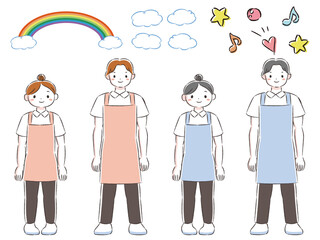 エプロンを付けた笑顔の男女の手描きイラストセット（飾り用パーツ付き）