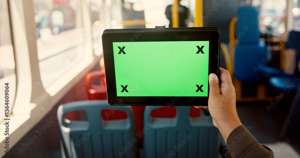 Poster Hand, person and tablet with green screen in bus, travel and user experience with tracking marker. Passenger, digital touchscreen and ui display on app, mock up space and contact on public transport