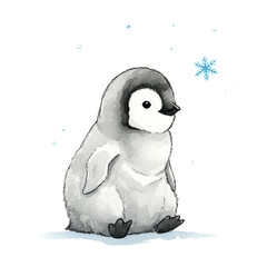 Winter's Embrace: A charming illustration of a penguin amidst a gentle snowfall, invoking feelings of serenity and the quiet beauty of winter. 