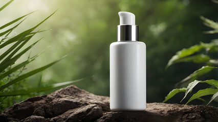 White glossy bottle with dispenser for cosmetics in natural background stands on stone in the background forest