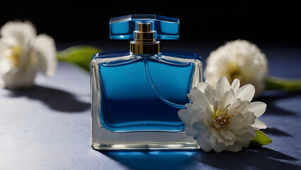 Perfume bottle blue color on a dark background around white flowers lush