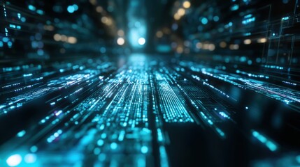 A quantum computing system running complex simulations, dark room with quantum processors and holographic data projections, High-tech style