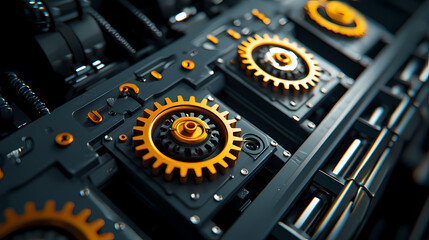Fototapeta premium A close-up of intricate mechanical gears with a vibrant orange and black design, showcasing industrial precision and engineering.