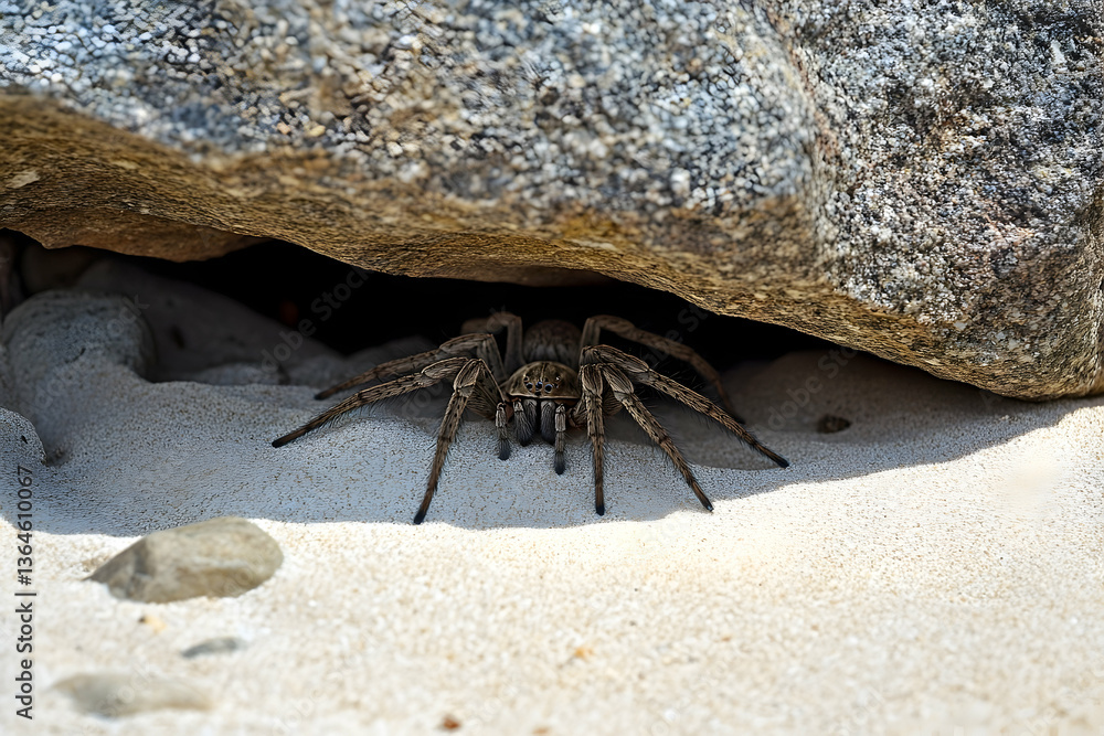 Poster a close-up image of a wolf spider lurking under a rock, showing its distinct markings and menacing s
