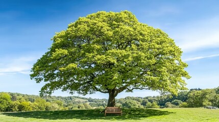 Obraz premium A towering oak tree budding with fresh leaves, a wooden chair beneath it,