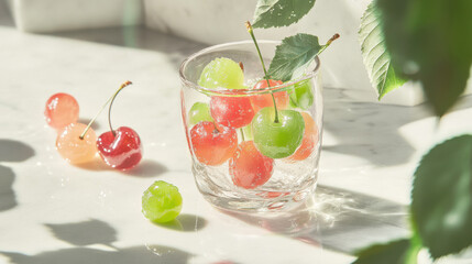 Fototapeta premium A glass filled with colorful, glistening cherries and light reflecting off a marble surface.