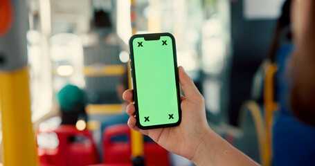 Hand, phone and green screen in bus, travel and user experience with tracking markers on commute. Person, smartphone and ui display on mobile application, mockup space or contact on public transport