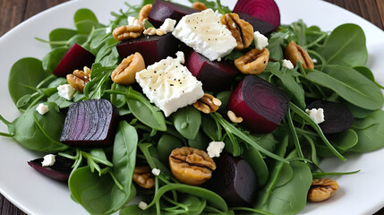 Warm roasted beet salad with goat cheese, walnuts, and arugula, drizzled with balsamic reduction