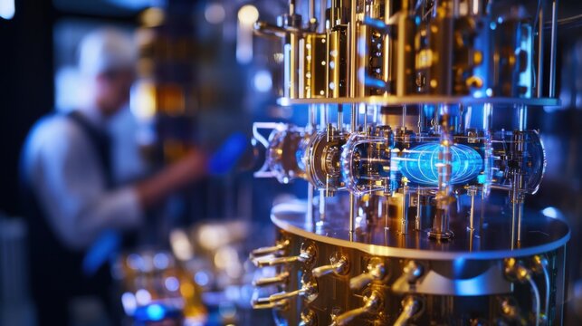 A quantum physicist using a quantum computer, high-tech lab with quantum hardware and holographic data displays, High-tech style