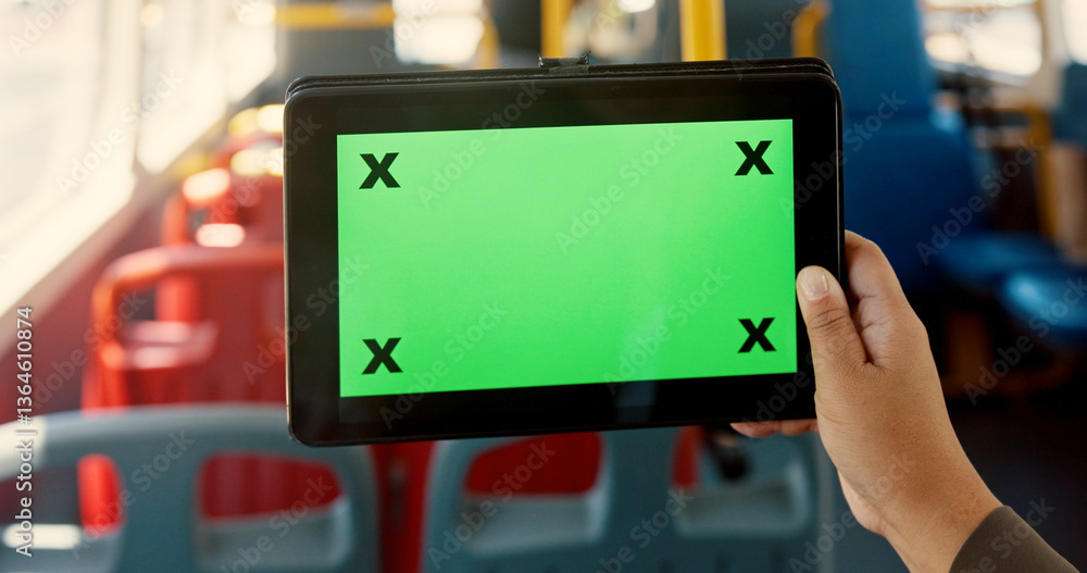 Poster Hands, person and tablet with green screen in bus, travel and user experience with tracking marker. Passenger, digital touchscreen and ui display on app, mock up space and contact on public transport