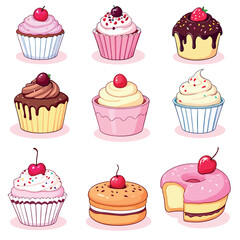 Delicious cherry topped cupcakes and donut displaying variety of frosting and toppings