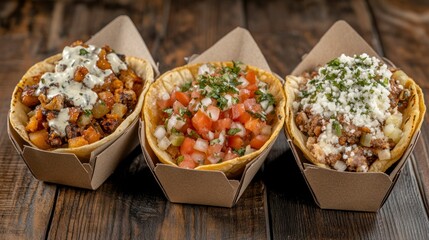 Three gourmet tacos in paper containers on a wooden table.  Each taco features different fillings, garnishes, and sauces